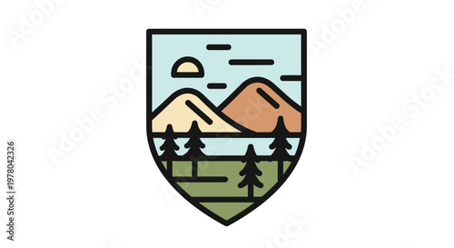 Retro landscape badge featuring mountains, trees, and a lake