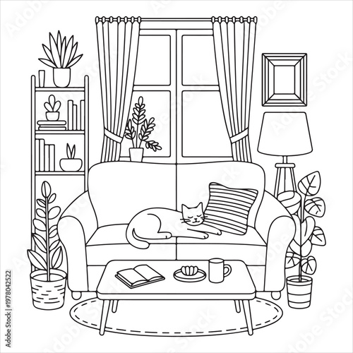 A cat sleeps on a couch in a cozy living room