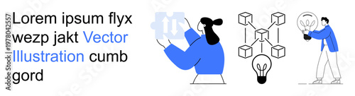 Teamwork, blockchain, innovation, idea generation, digital technology, creative solutions. Person interacting with digital blocks, and a network structure with light bulbs. Teamwork and blockchain