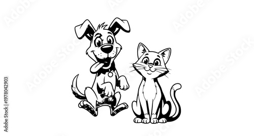 Cute friendly dog and cat sitting together flat cartoon vector illustration isolated on white background