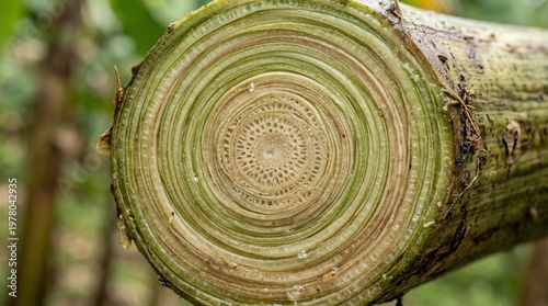Cross section of banana tree trunk showing concentric rings and vascular bundles