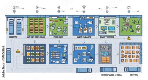 Diagram of a modern automated warehouse logistics system.