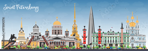 Saint Petersburg Russia city skyline with color buildings and blue sky. Illustration. Saint Petersburg cityscape with landmarks. Travel and tourism concept. Modern and historic architecture.