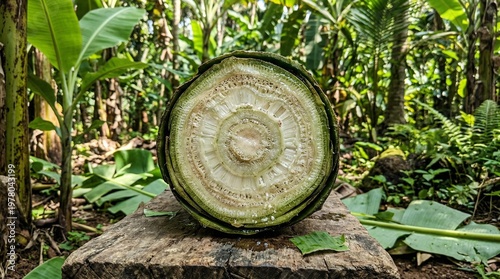 Cross section of banana tree trunk showing fibrous texture and growth rings in tropical forest