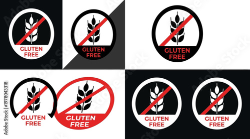 Gluten-free certification logos, wheat stalk crossed, black and white vector design, food packaging labels, dietary restriction symbols, clean minimal style