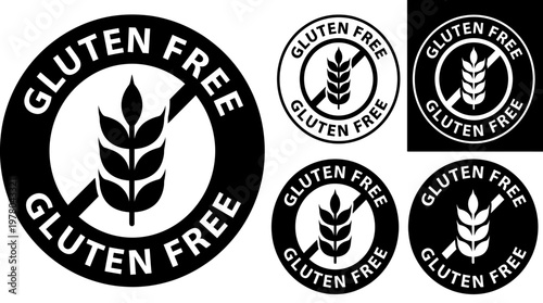 Gluten-free certification logos, wheat stalk crossed, black and white vector design, food packaging labels, dietary restriction symbols, clean minimal style