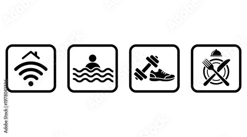 Minimalist hotel amenity icons, black and white vector design, Wi-Fi, pool, gym, dining, clean modern symbols, universal signage