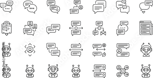 Chatbot communication and messaging line icons set with AI assistant chat bubbles customer support and conversation concepts