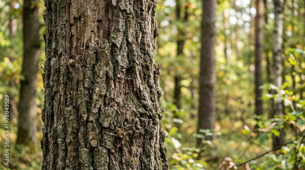 Fototapeta premium Close-up of rough tree bark in a sunlit forest with green foliage in the background