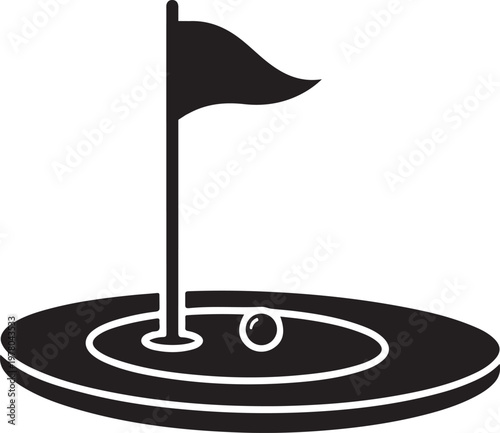 Black and white silhouette icon of a golf flagstick in a hole with a ball nearby on the green Vector.