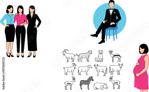 People and animals illustration set with business women man and pregnant lady, lifestyle characters and wildlife icons vector
