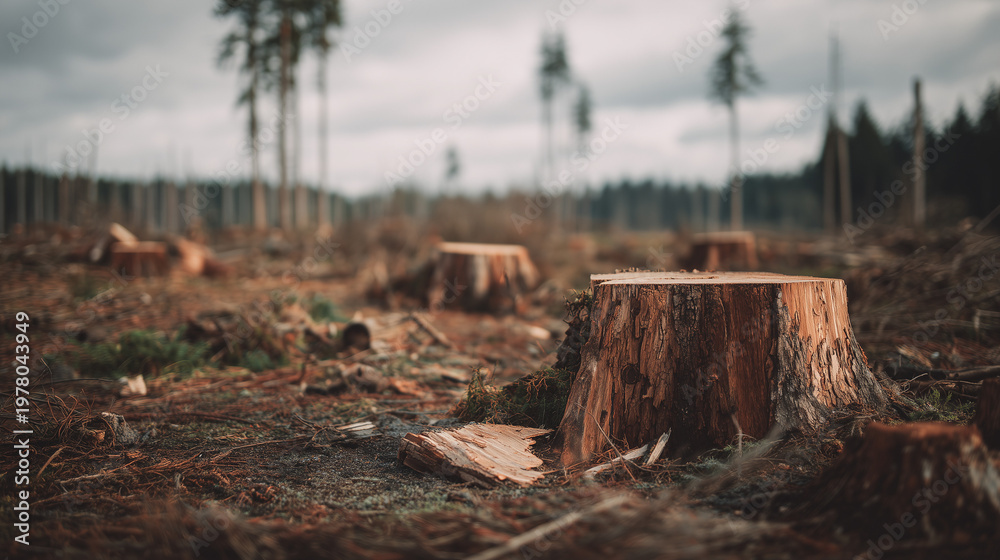 Fototapeta premium Deforested land with scattered tree stumps after logging, highlighting environmental damage, habitat loss, and impact of human activity on natural ecosystems.