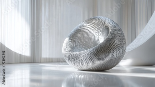 Abstract 3D podium sculpture of a smooth hollow sphere in a minimalist white space. tactile paradox, metaphysical architecture, zen stone.