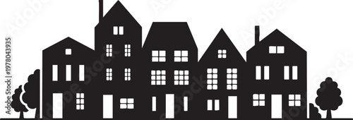 European old town silhouette vector, black and white city street buildings, historic urban architecture skyline with traditional houses and trees