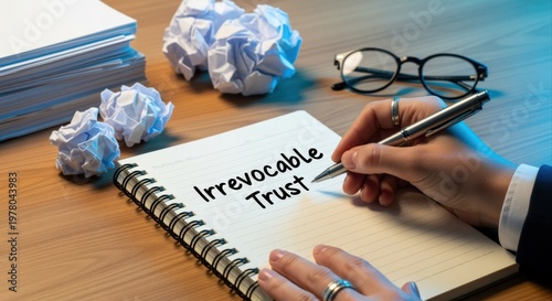 Wallpaper Mural Person's Hand Writing 'Irrevocable Trust' on Notebook with Crumpled Papers and Glasses on Desk Torontodigital.ca