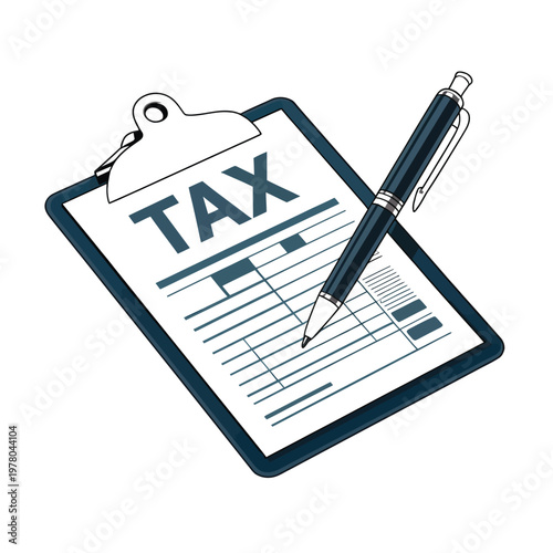 Tax clipboard with a pen on a white background symbolizes financial accounting and professional duty.
