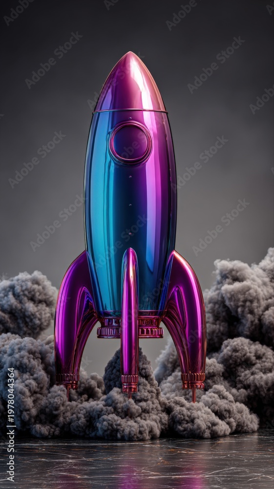 Fototapeta premium Futuristic Chrome Rocket Ship Ascending Through Dark Clouds with Vibrant Pink and Blue Metallic Sheen