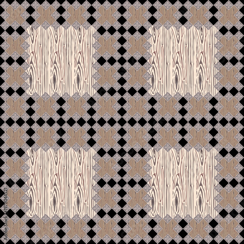 Seamless Checkered Geometric Pattern with Light Wood Grain Textures and Black Diamond Accents
