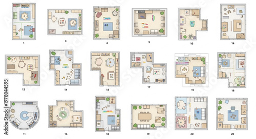 Collection of diverse apartment floor plans with furniture layout.