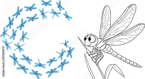 Dragonfly illustration set with swarm formation and cartoon character, blue insects and detailed outline drawing isolated vector