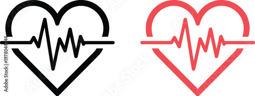 Heart rate pulse icon, bold black and red line graphic representing EKG heart monitoring cardiovascular health and fitness design.