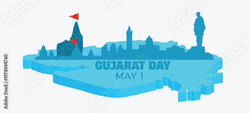 Εκτύπωση καμβά Gujarat Day celebration design with state map and cultural landmark elements vec