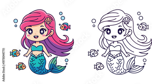 Foto Cute Kawaii Mermaid Character and Colorful Little Fish with Black and White Line