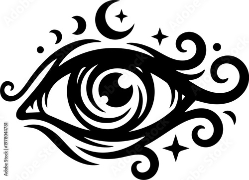 Mystical Floating Eye Symbol With Cosmic Rays And Stars