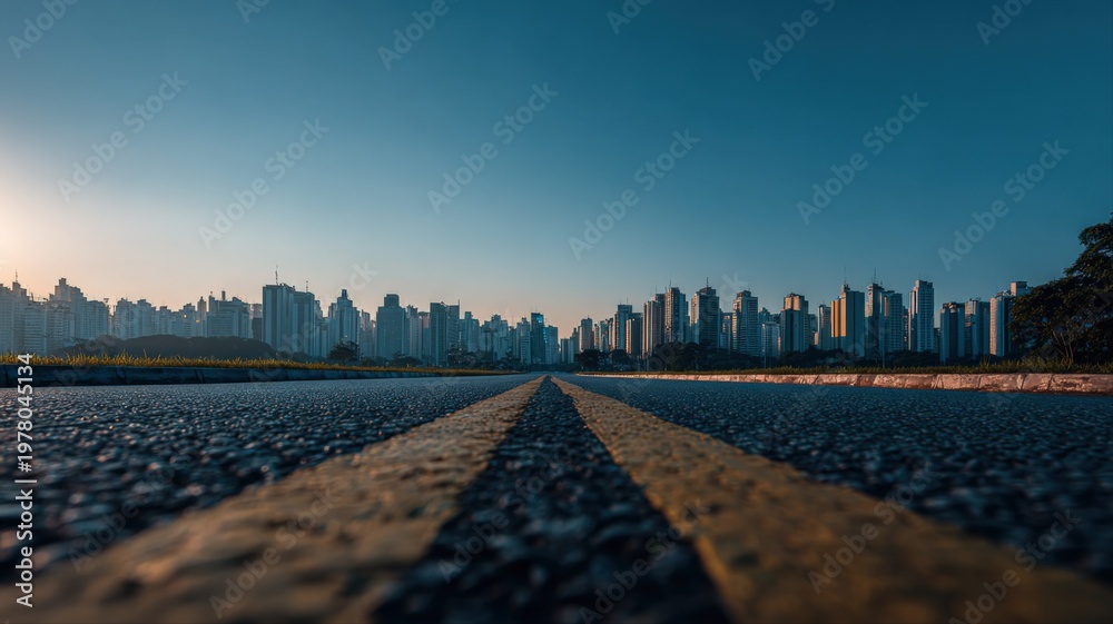 Fototapeta premium Long asphalt road with yellow lines leads towards a distant modern cityscape under a clear blue sky at sunrise