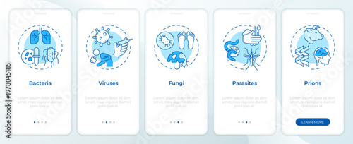 Major microbial agents blue onboarding mobile app screen. Walkthrough 5 steps editable graphic instructions with linear concepts. UI, UX, GUI. Montserrat SemiBold, Regular fonts used