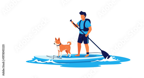Man and dog paddleboarding on water, summer outdoor activity, healthy lifestyle