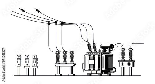 Electrical Transformer Substation with Power Lines and Equipment