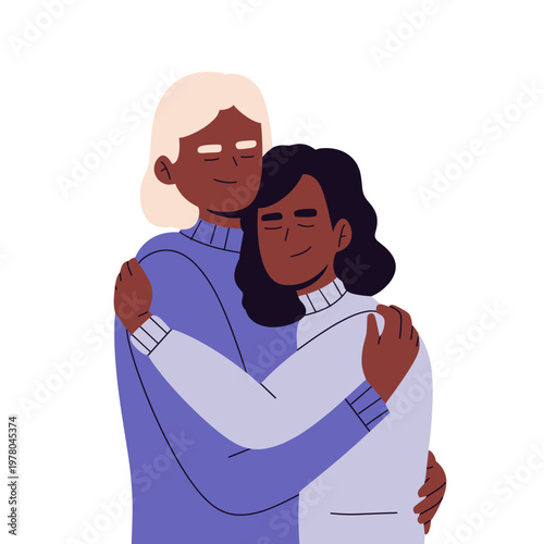 Flat vector illustration of people hugging, expressing love, care, and emotional support. Perfect for concepts of friendship, family, compassion, mental health, unity, relationships, connection 