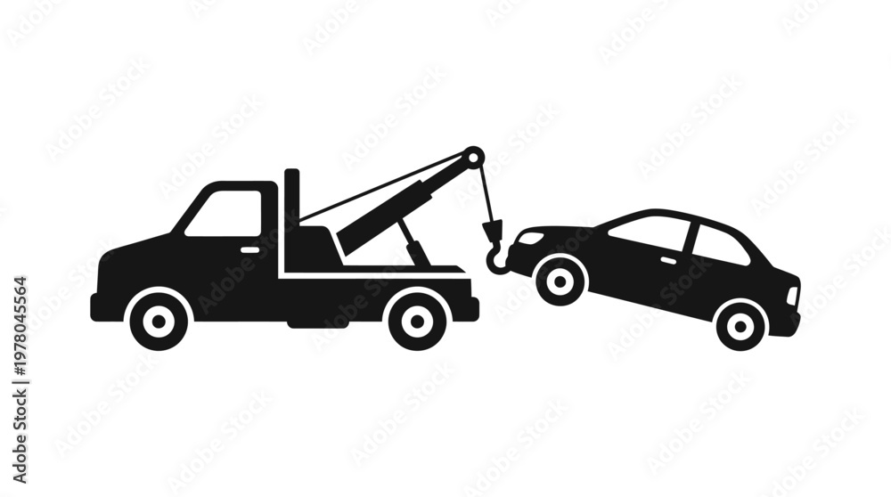 Naklejka premium A minimalist black silhouette illustration of a tow truck pulling a car.