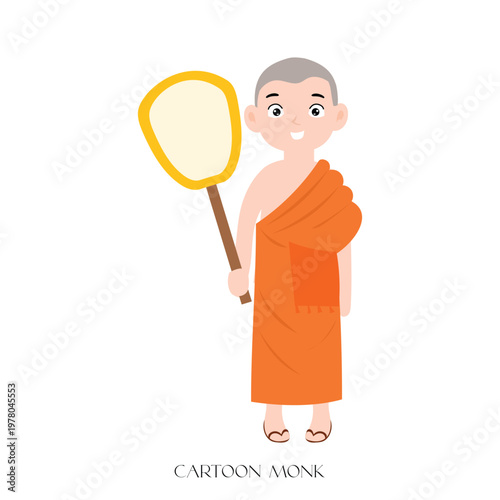 Smiling cartoon people monk  including a fan 