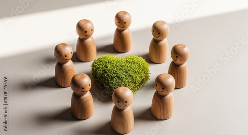 Wooden Figures Form Circle Around Green Heart Shape Symbolizing Unity, Love, and Community