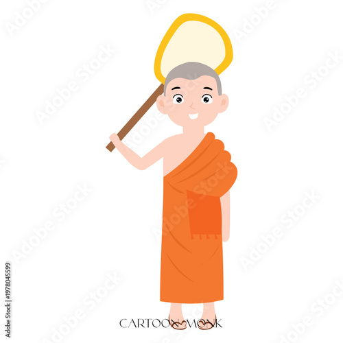 Smiling cartoon people monk  including a fan 