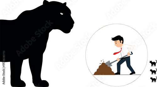 Panther silhouette with businessman digging concept and small cats vector illustration collection isolated background