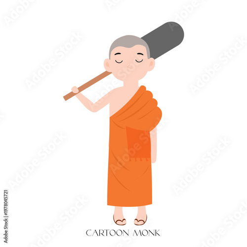 monk cartoon cleaning with broom tools