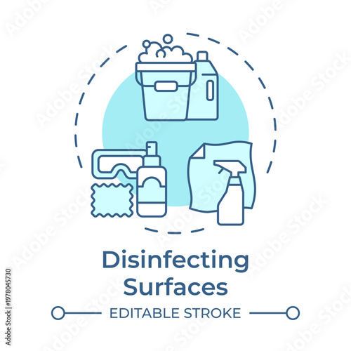 Disinfecting surfaces soft blue concept icon. Cleaning chemicals, protective equipment. Personal safety. Round shape line illustration. Abstract idea. Graphic design. Easy to use in brochure