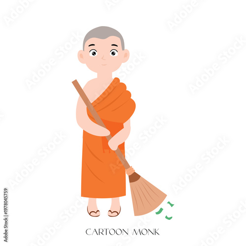 monk cartoon cleaning with broom tools