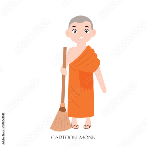 monk cartoon cleaning with broom tools