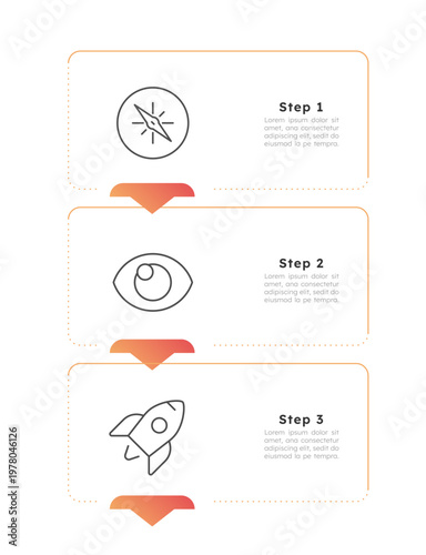 Alternative business strategy orange vertical infographic 3 steps. Management technology in corporate office. Startup launch planning. Editable thin line icons diagram process. Lexend font used