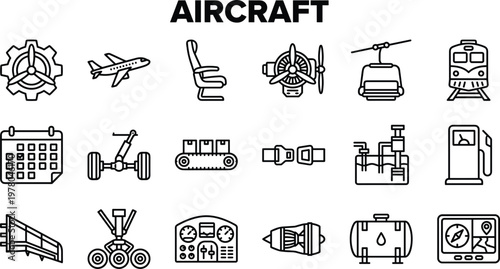 Aircraft and transportation line icon set including airplane train cable car fuel station and aviation equipment symbols