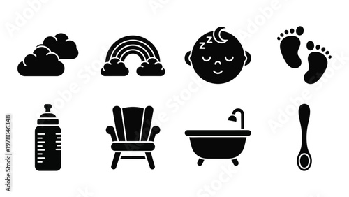 A collection of simple black glyphs depicts baby related items including clouds a rainbow and footprints high quality professional detailed modern