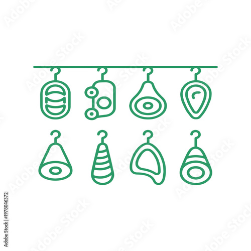 Green line art of eight meat cuts hanging on a bar, simple icons on white background, minimalist outline design.