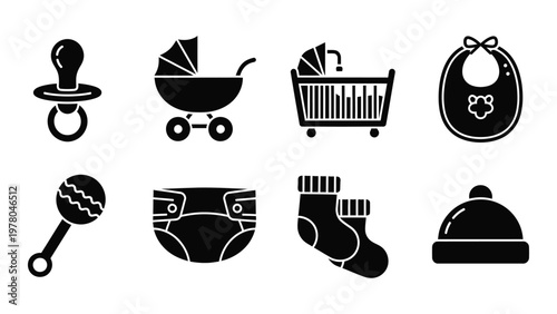 A collection of simple black silhouette icons representing various baby products and essential items for newborns high quality professional detailed modern