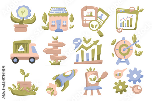 Eco friendly icons set with solar house, recycling truck, green charts and sustainable symbols illustration for green energy and recycling Sustainable eco friendly lifestyle