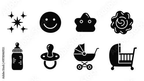 A collection of black silhouette icons depicts baby related items including a smiling face cloud flower and baby accessories high quality