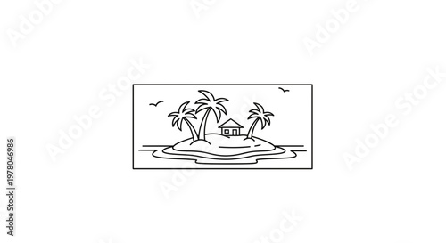 Tropical Island Paradise: Palm Trees, Hut, and Ocean - Minimalist Line Art